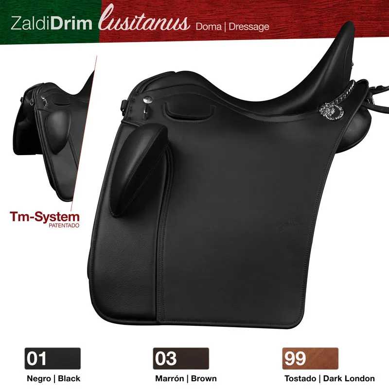 Sela de equitação preta Zaldi Drim Lusitanus com texto e opções de cores