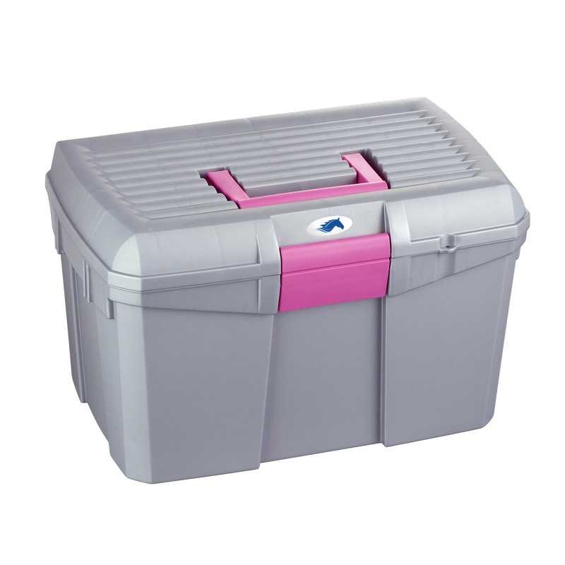 Caixa organizadora cinzenta com tampa e pega rosa