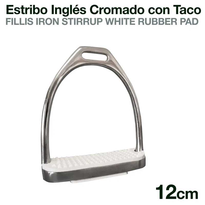 Estribo inglês cromado com taco de borracha branca e indicação de 12cm