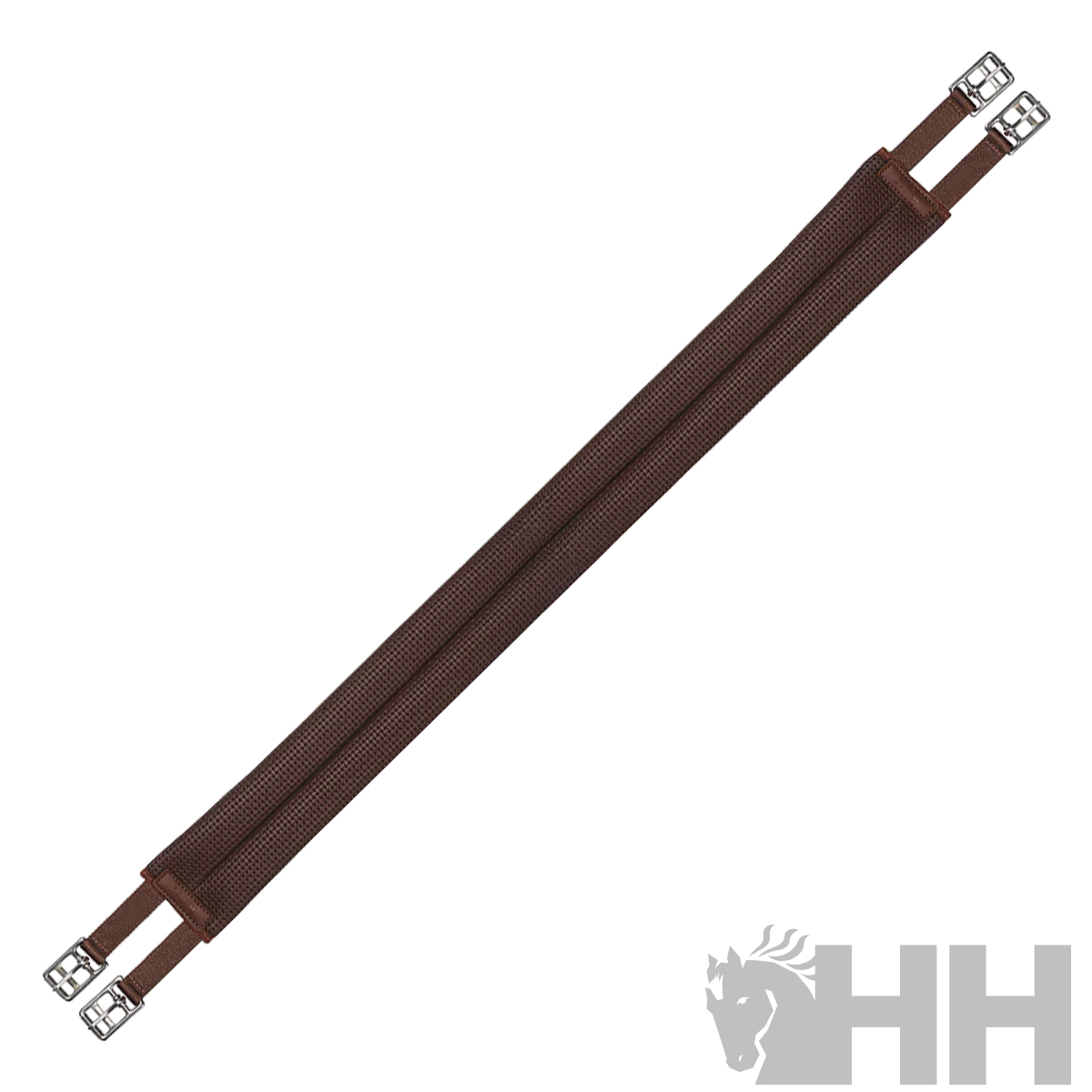 Pukki castanha têxtil com fivelas metálicas prateadas sobre fundo branco