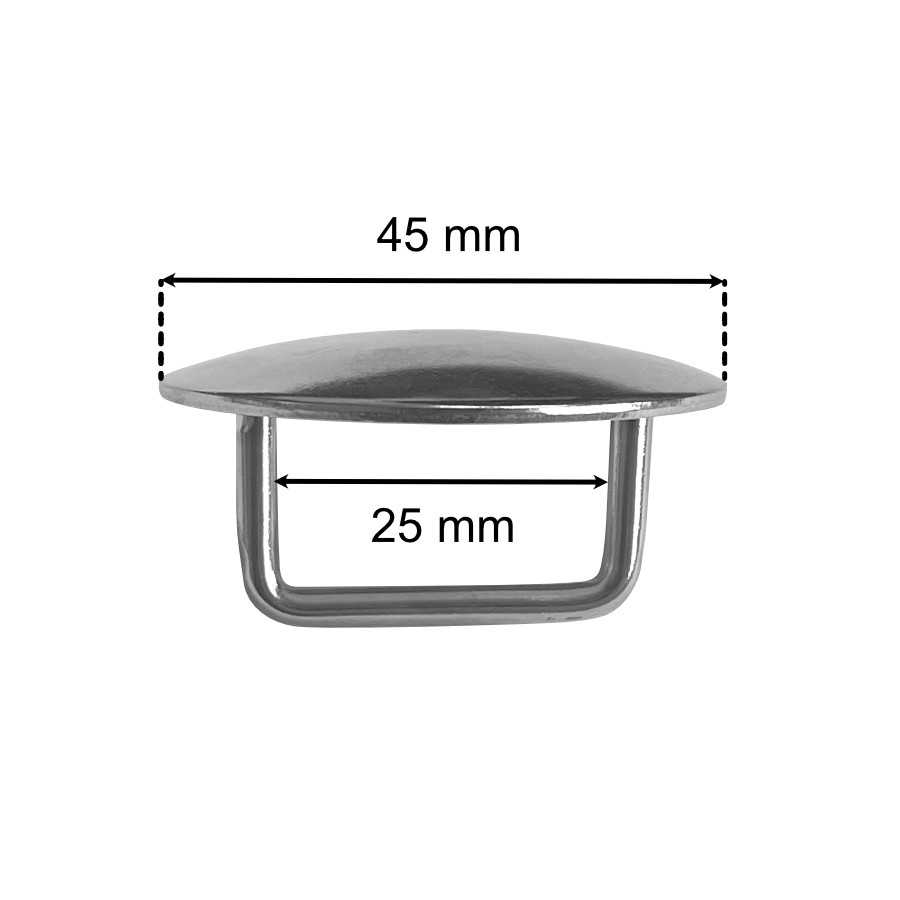Pega metálica oval prata com medidas 45 mm e 25 mm em fundo branco