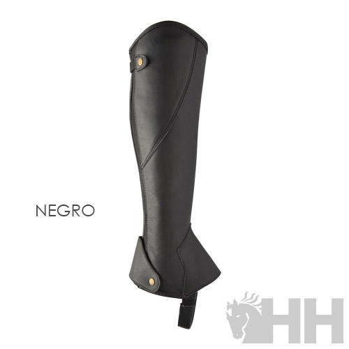 Perneira preta em couro para equitação com fecho e botão metálico