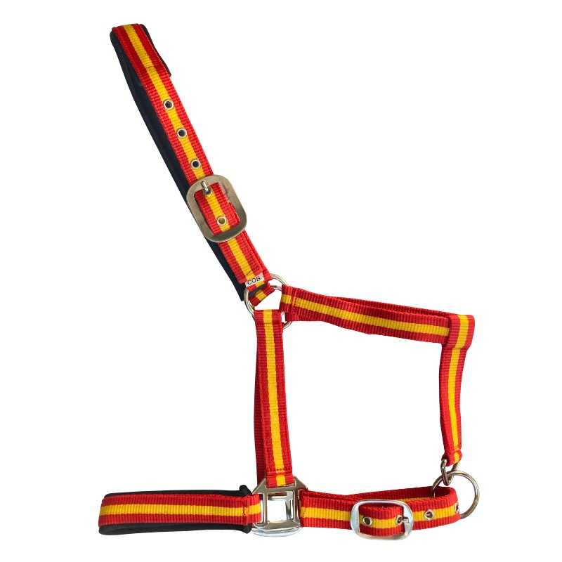 Cabresto para animais em fita de nylon com padrão às riscas coloridas e fechos metálicos