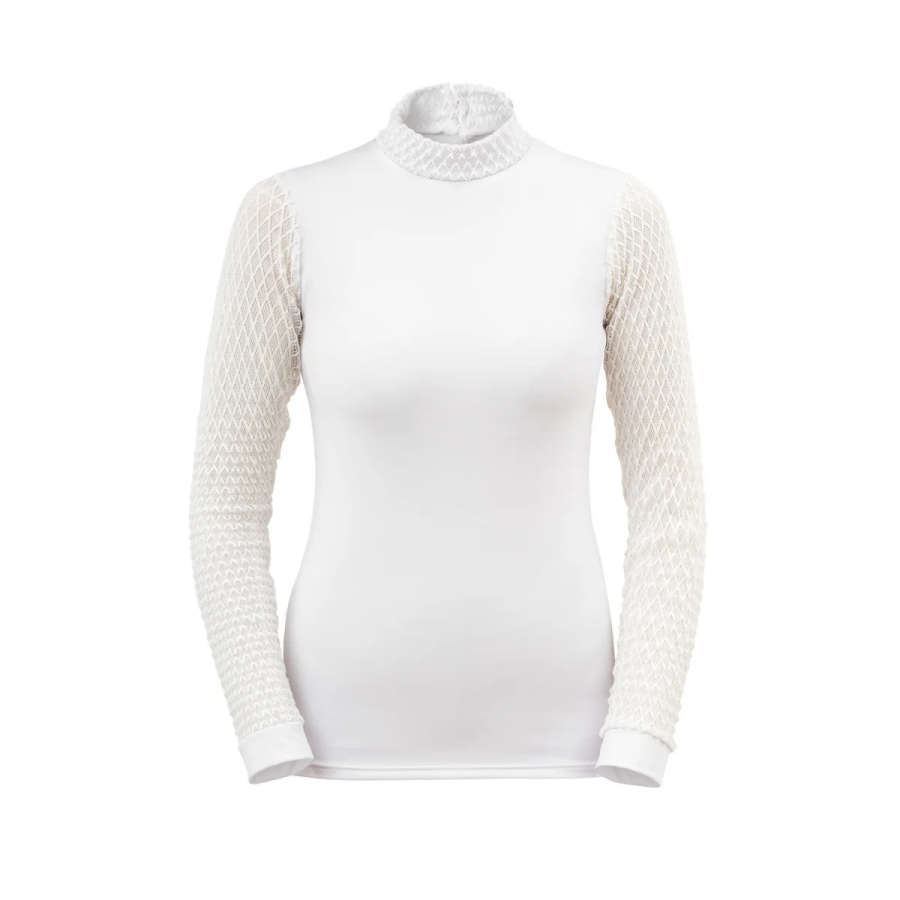 Blusa branca com gola alta e mangas rendadas