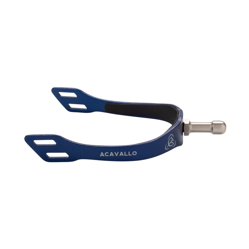 Espora azul de metal com ponta prateada e texto ACAVALLO