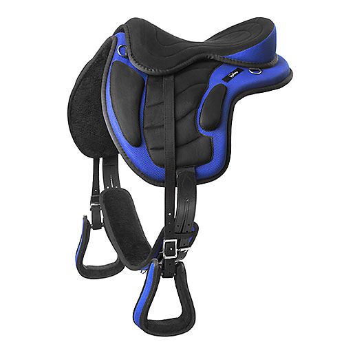 Sela de cavalo preta e azul com alças de couro
