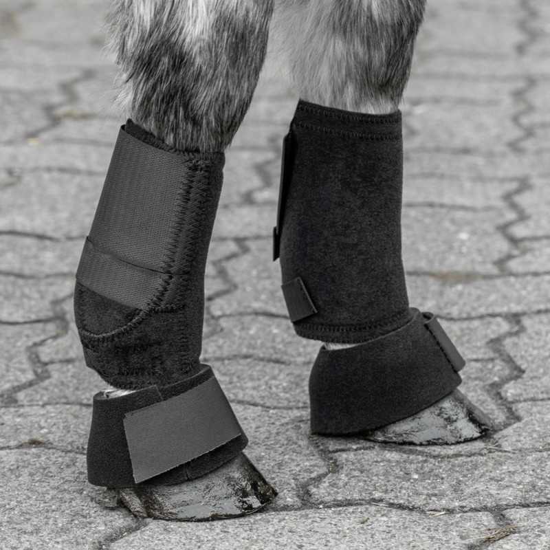 Proteções pretas nas patas de cavalo sobre piso cinzento em blocos intertravados