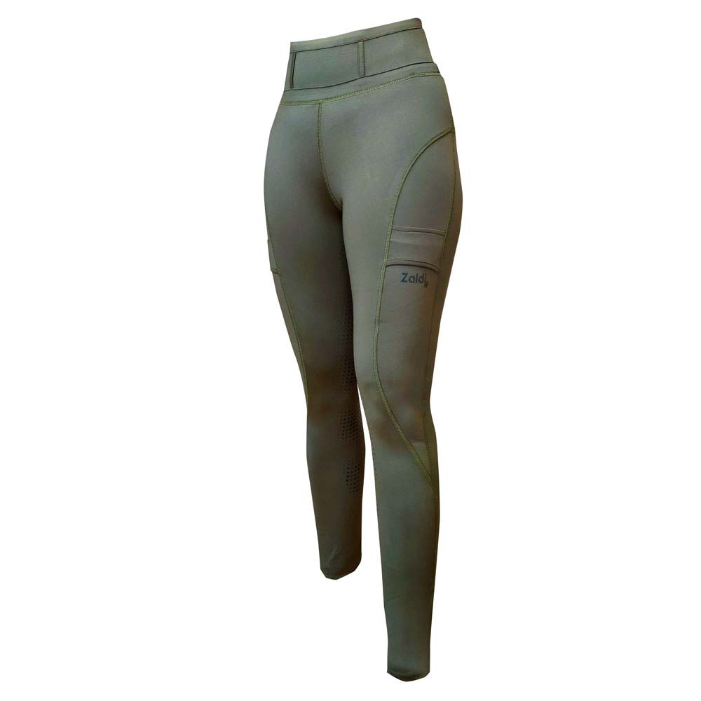 Leggings desportivas femininas verde-oliva com bolsos laterais e logo Zaldy