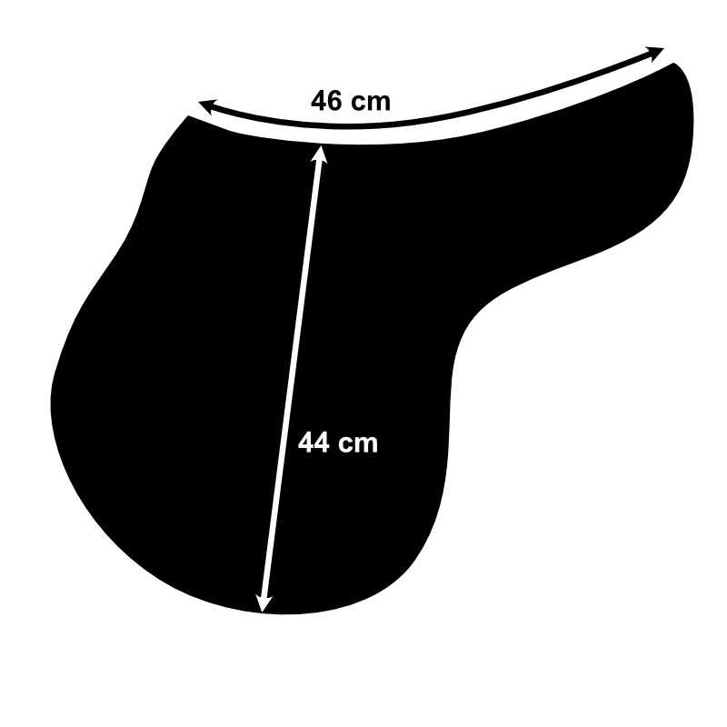 Desenho preto de uma sela com medidas 44 cm e 46 cm indicadas por flechas brancas