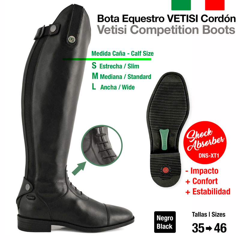 Bota equestrian preta Vetisi Competition Boots com sola preta texturizada e descrição de tamanhos e características.
