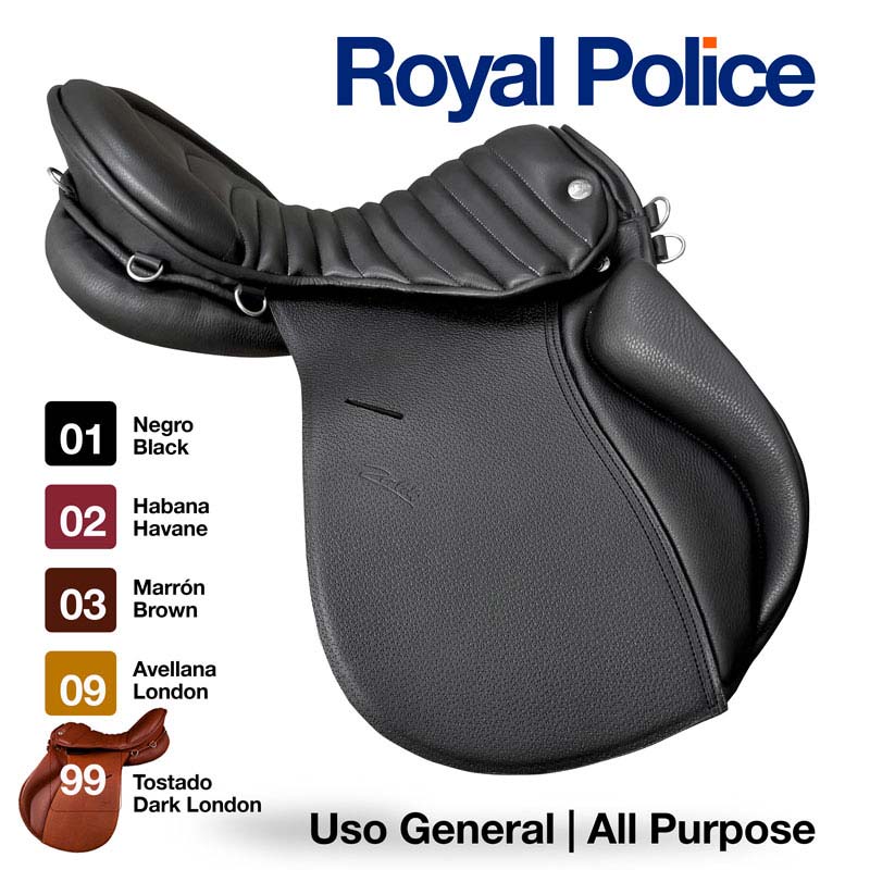 Sela de cavalo preta Royal Police com opções de cores e texto explicativo