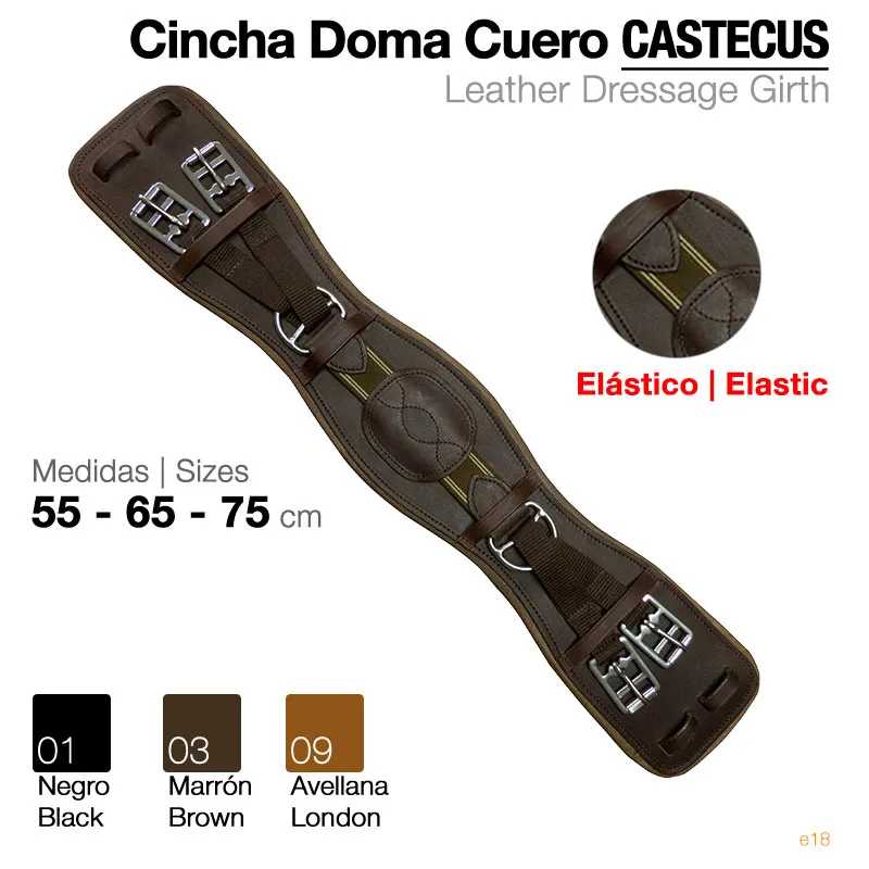 Cincha de couro para adestramento com fivelas metálicas, em tons castanho escuro e detalhes em verde
