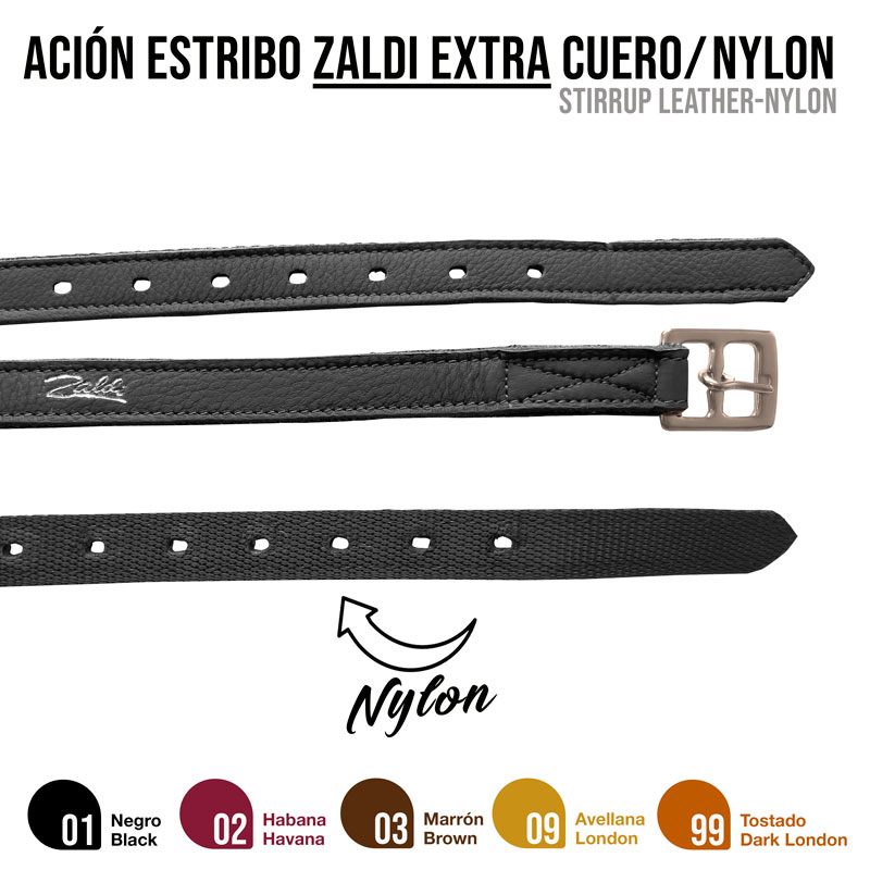 Correia para estribo Zaldi Extra em couro e nylon preta com fivela metálica