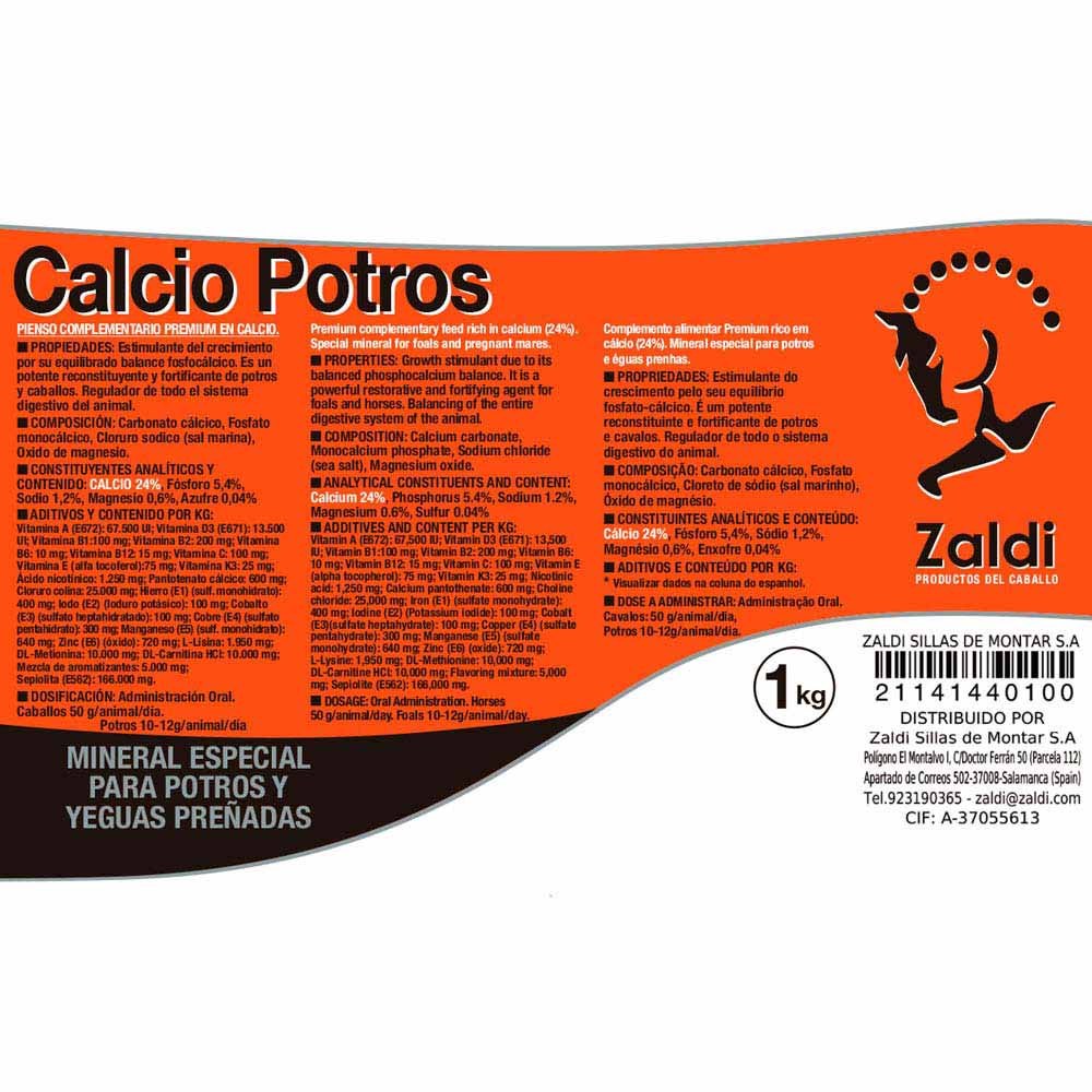 Etiqueta laranja e preta de suplemento mineral Calcio Potros da marca Zaldi para potros e éguas, com texto informativo e logo de cavalo preto