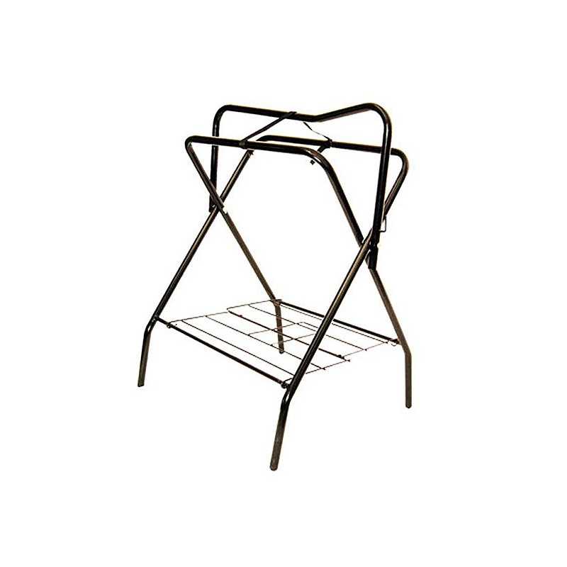 Suporte em metal pintado de negro com prateleira inferior, design tubular simples.