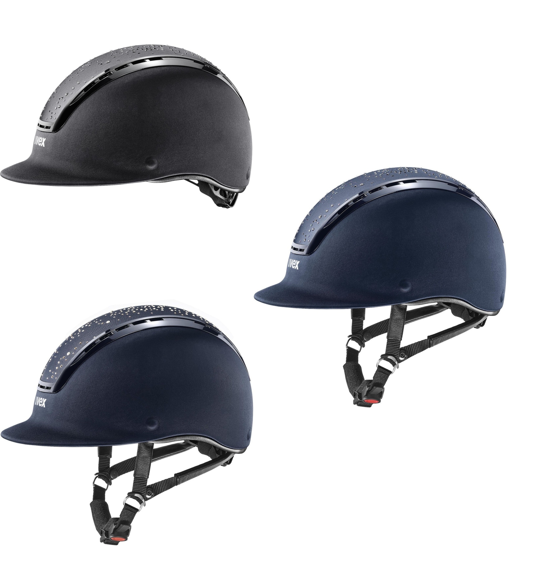 Três capacetes de equitação azul escuro e preto com ventilação e ajustes de segurança