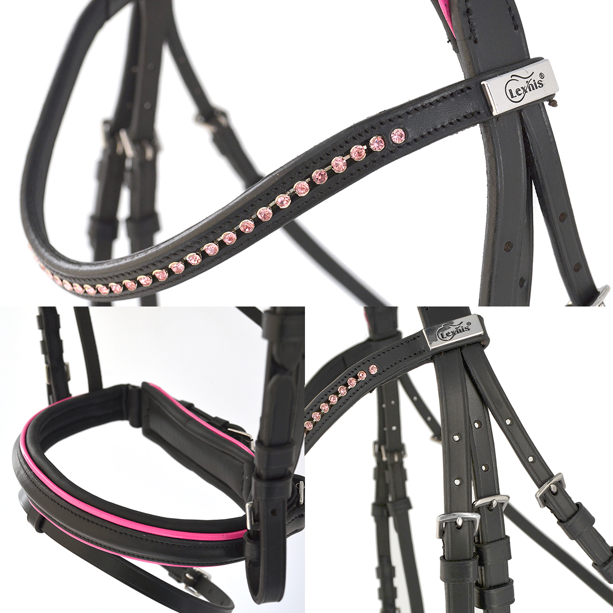 Bridão e cabresto de pele preta com pedras rosa e fivela metálica Leyhe