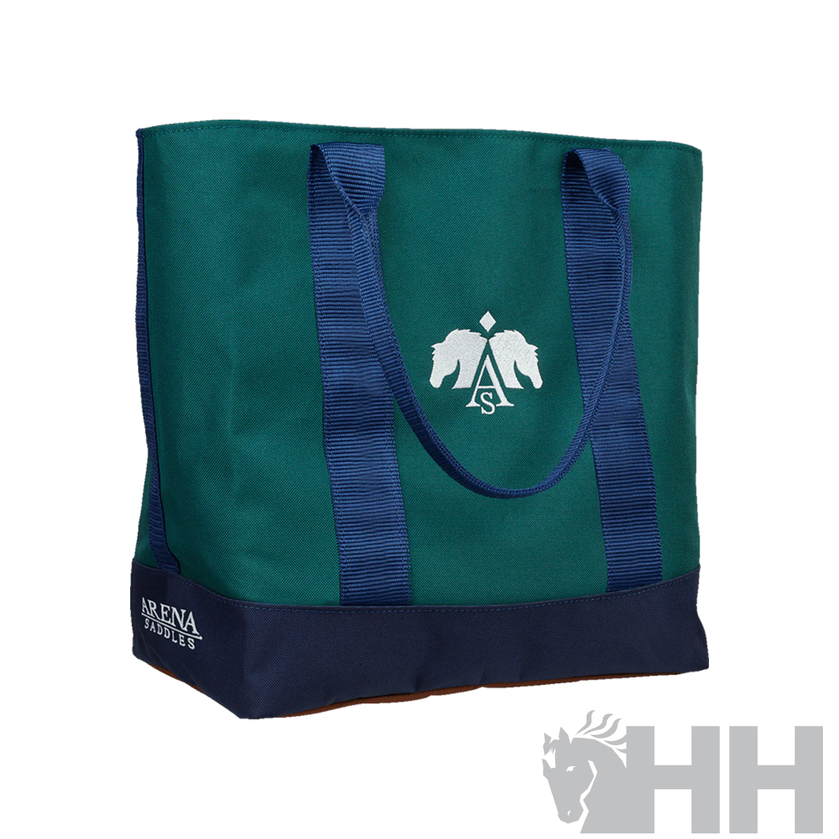 Saco verde com fundo e alças azuis e logotipo branco