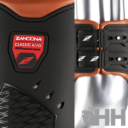 Equipamento com couro castanho, plástico preto texturizado, etiquetas ZANDONA CLASSIC EVO e componentes metálicos prateados