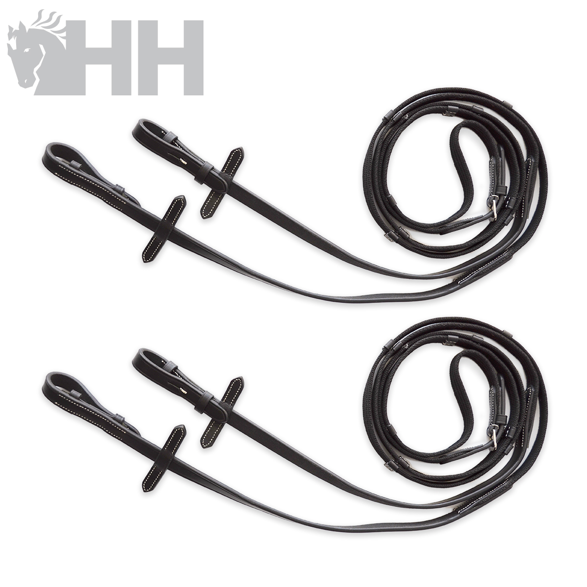 Conjunto de rédeas pretas de couro genuíno com fivelas metálicas e logo HH no canto superior