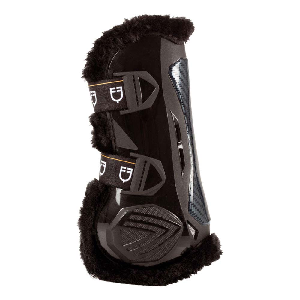 Protector para equitação preto com interior em pelo e tiras elásticas com símbolo branco