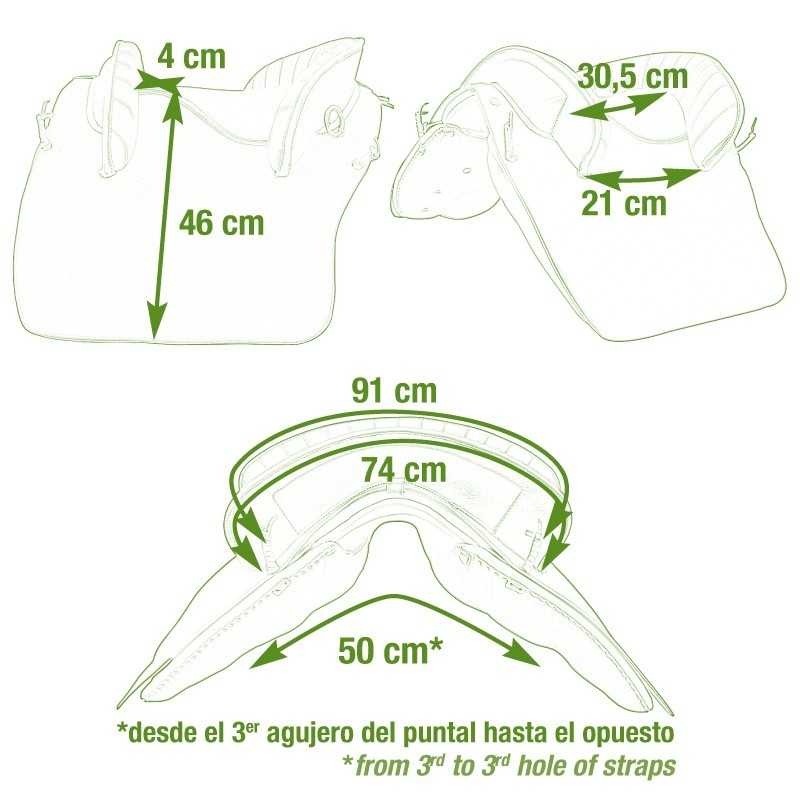 Esquema das medidas de uma sela de cavalo em centímetros
