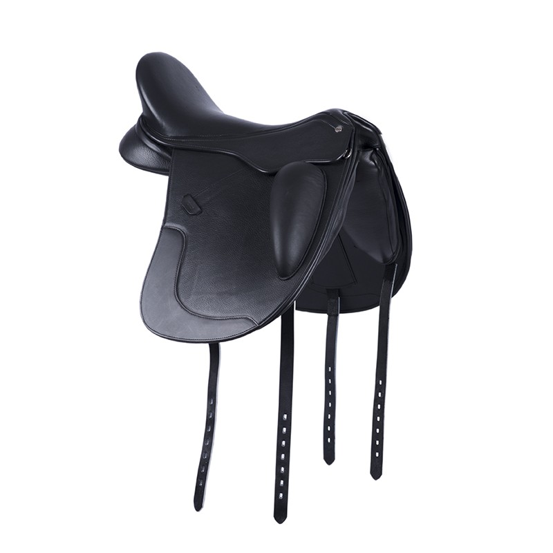 Sela de equitação preta com tiras suspensas