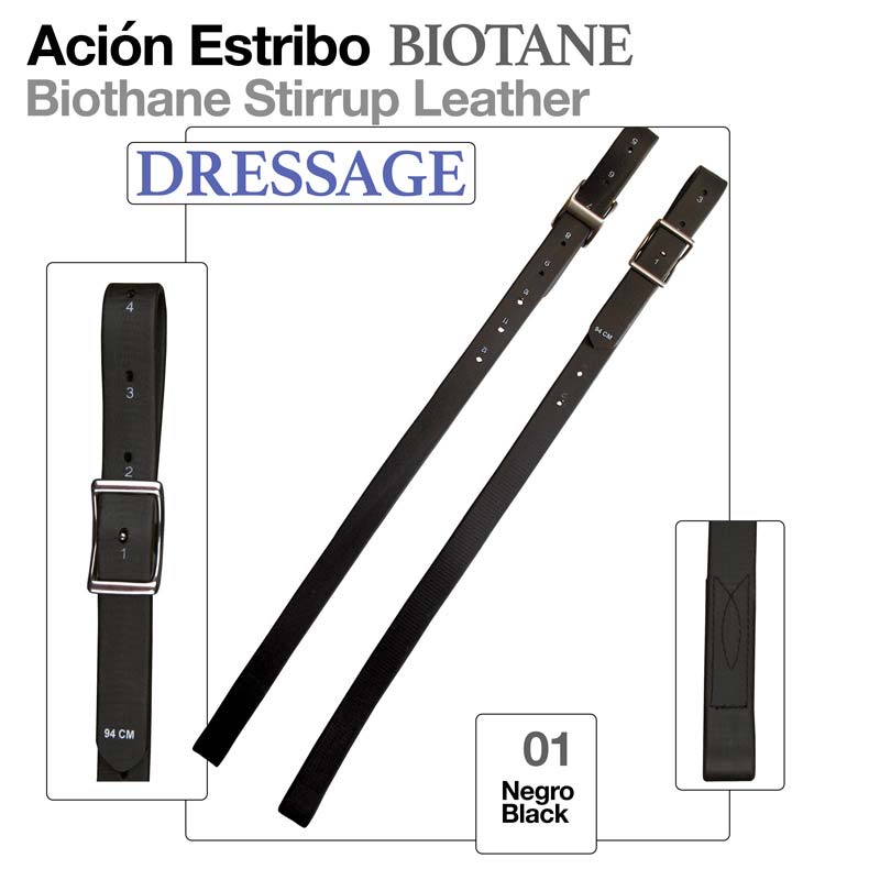 Correias pretas para estribos de couro Biothane tipo Dressage com fivela e marcações numéricas.