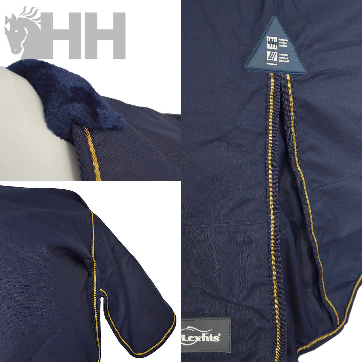 Manta para cavalo azul escuro com costuras amarelas e etiquetas visíveis