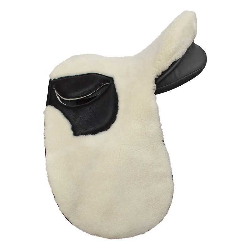 Selim de equitação em pelúcia branca com detalhes em couro preto e bolso