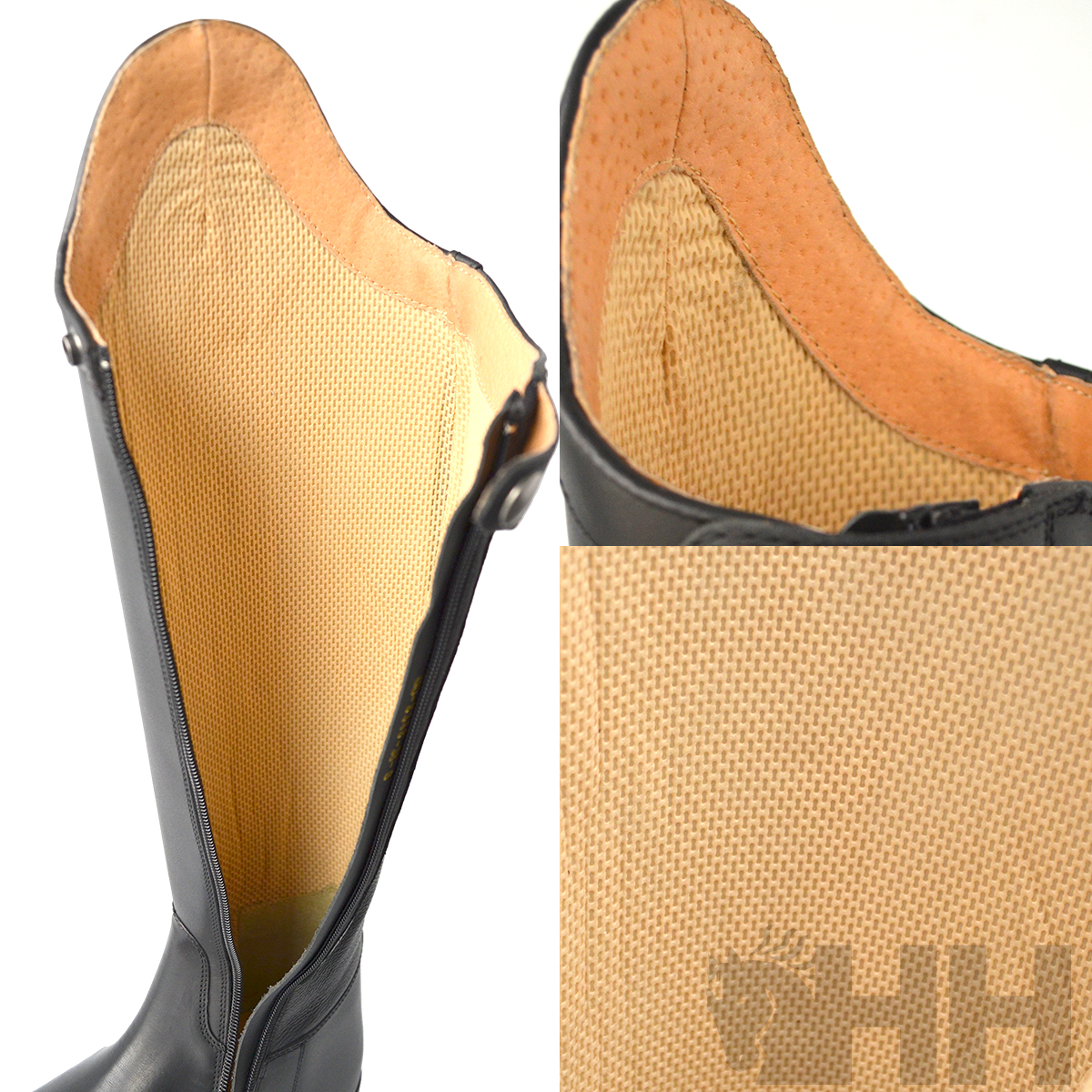 Bota preta em couro com interior bege com marca HH