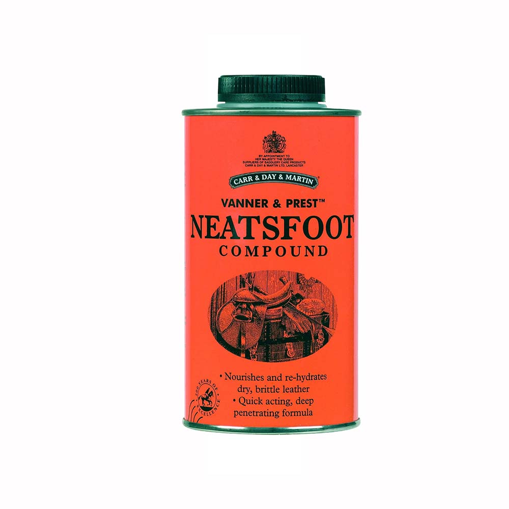 Frasco vermelho-alaranjado de Neatsfoot Compound com tampa verde e texto em preto