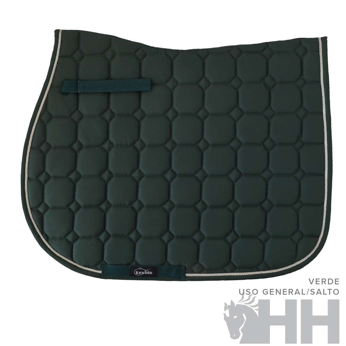 Tapis de sela de cavalo verde com padrão hexagonal acolchoado e borda preta com risca branca