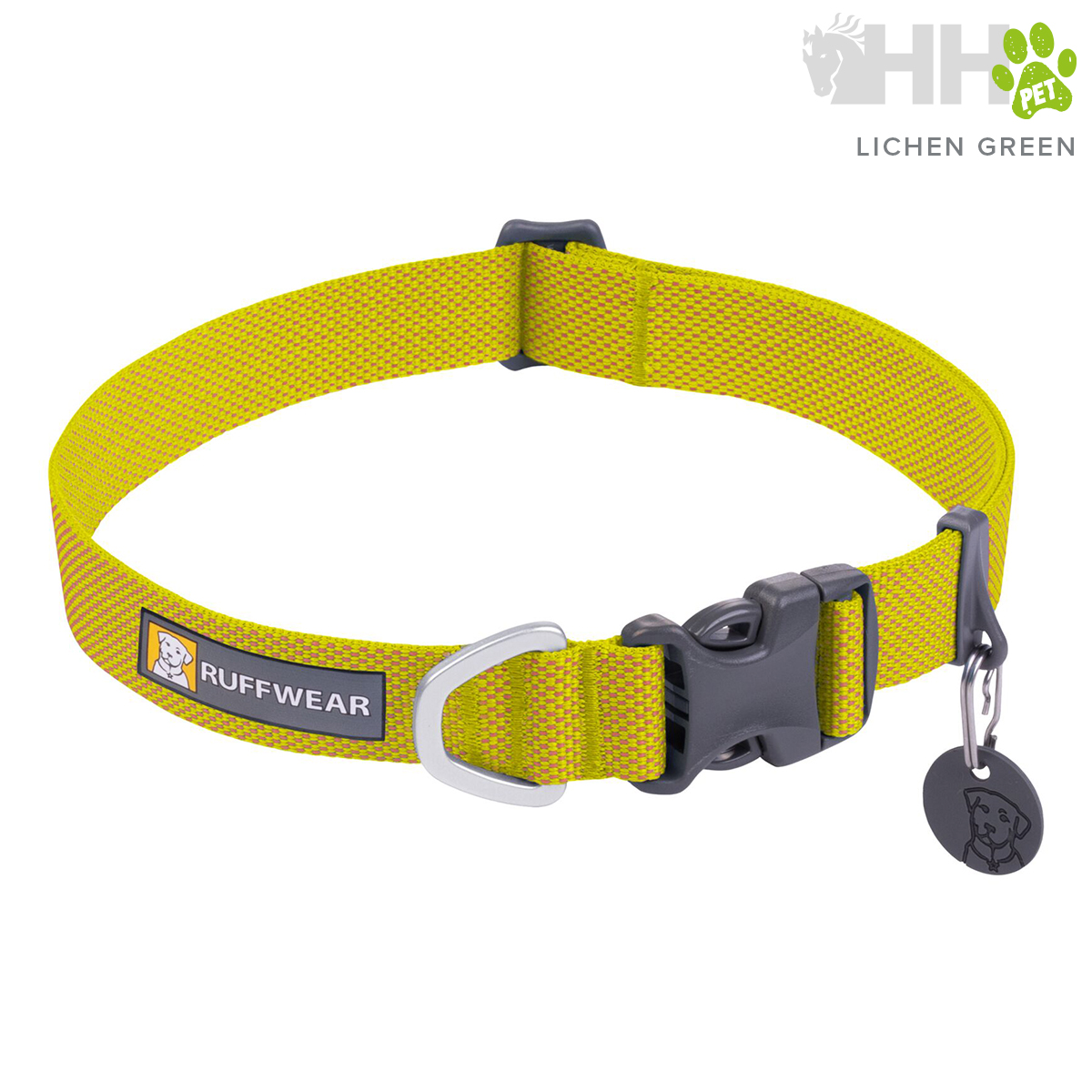 Coleira para cães RUFFWEAR verde líquen com fivela preta e anel metálico