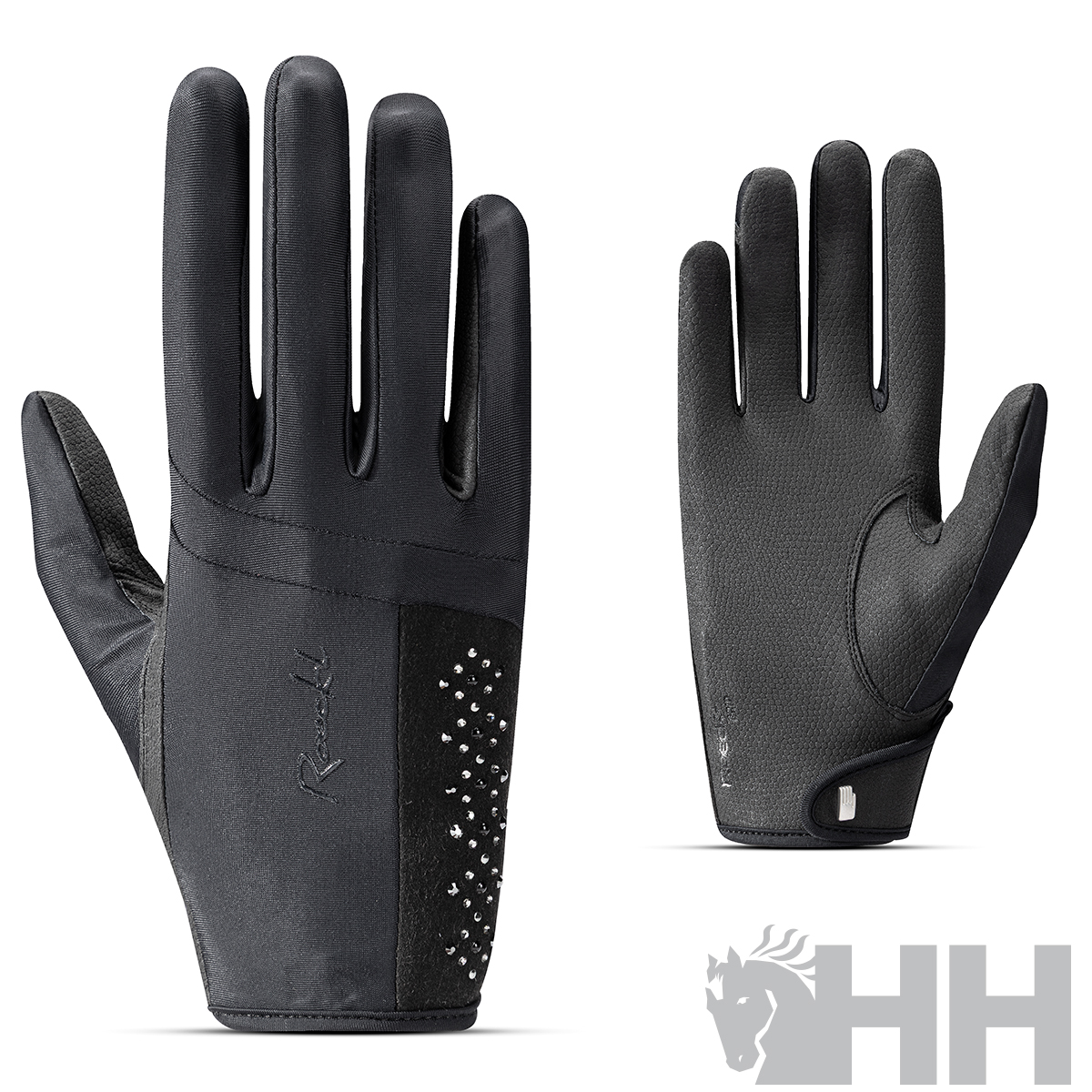 Par de luvas pretas com detalhes prateados e fecho velcro