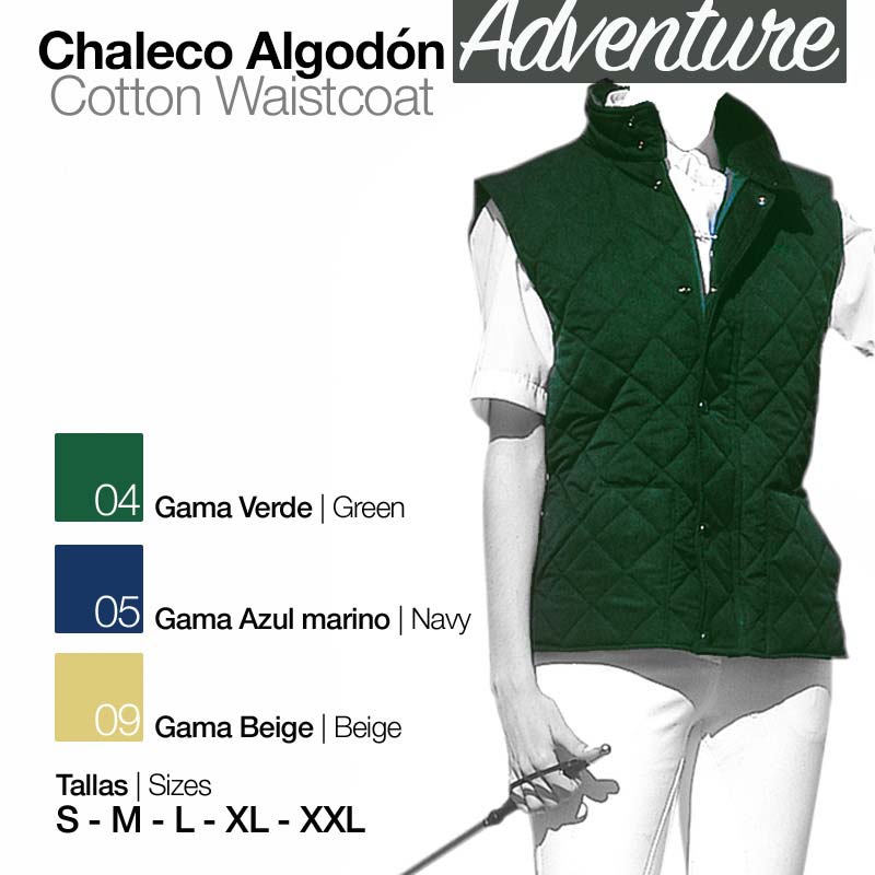 Colete de algodão verde acolchoado sem mangas, com botões à frente, acompanhado de texto com cores e tamanhos disponíveis.