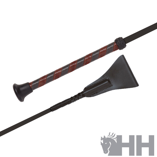 Chicote de montar em couro preto com pega trançada vermelha e preta