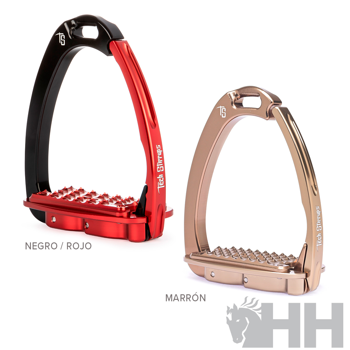 Par de estribos de equitação, cores preta/vermelha e castanho metálico