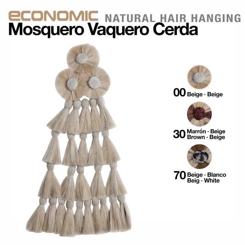 Mosquero Vaquero Cerda em cerdas naturais bege com opções de cor e texto explicativo.