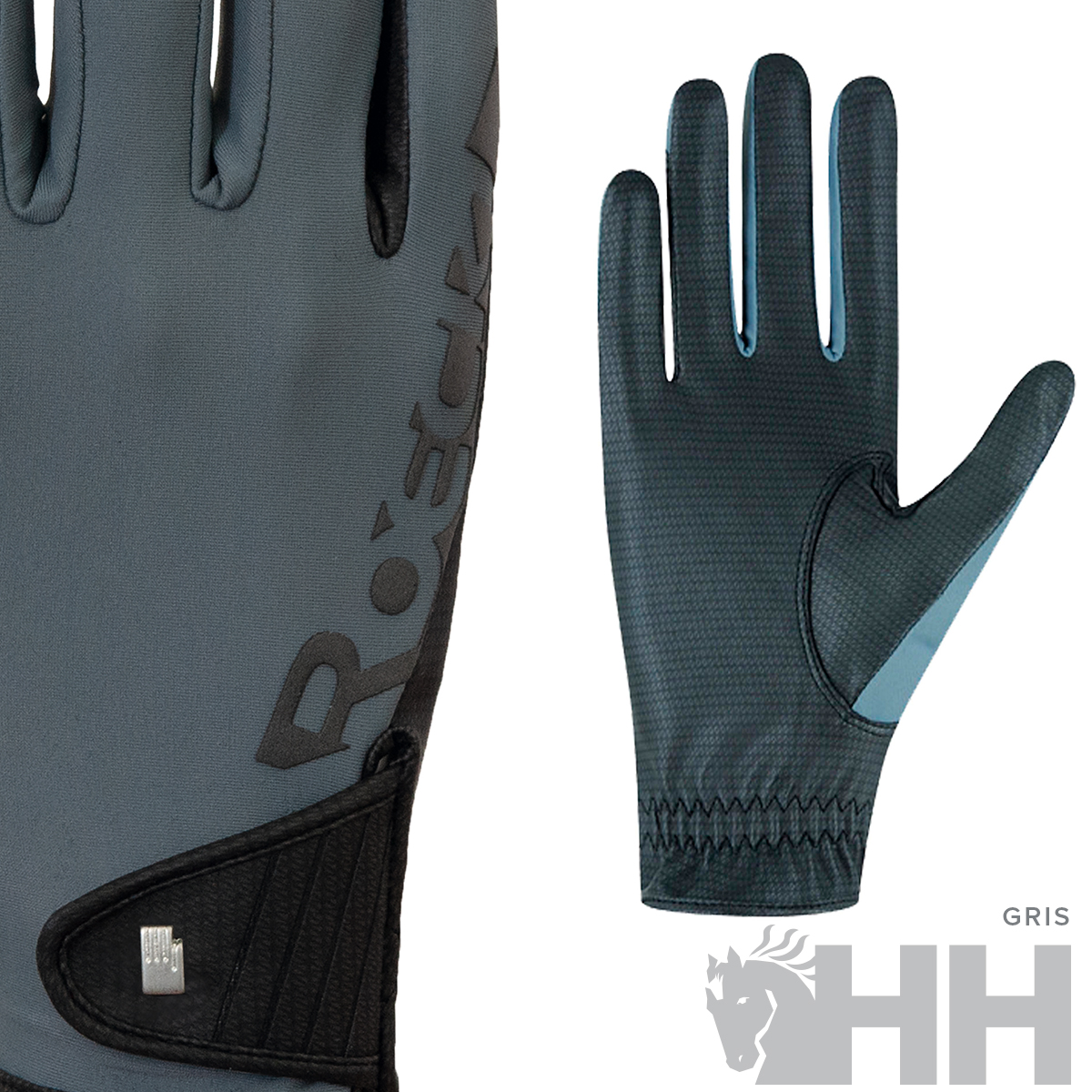 Luvas cinzentas com detalhes em azul claro e fecho em velcro preto