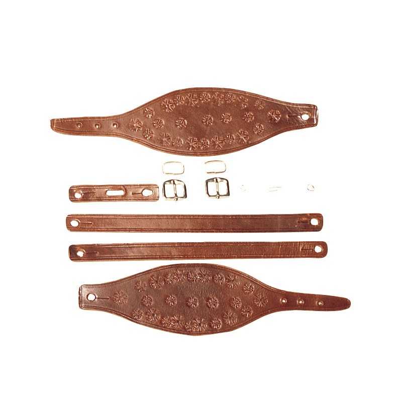 Conjunto de tiras de couro castanho com padrões florais e fivelas