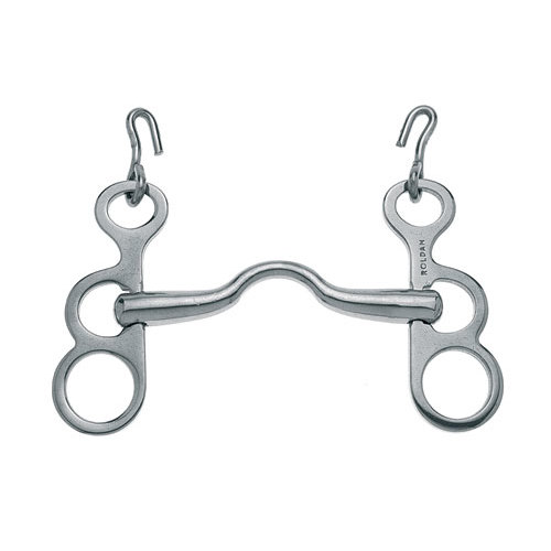 Freio metálico prateado com argolas e barra curva central