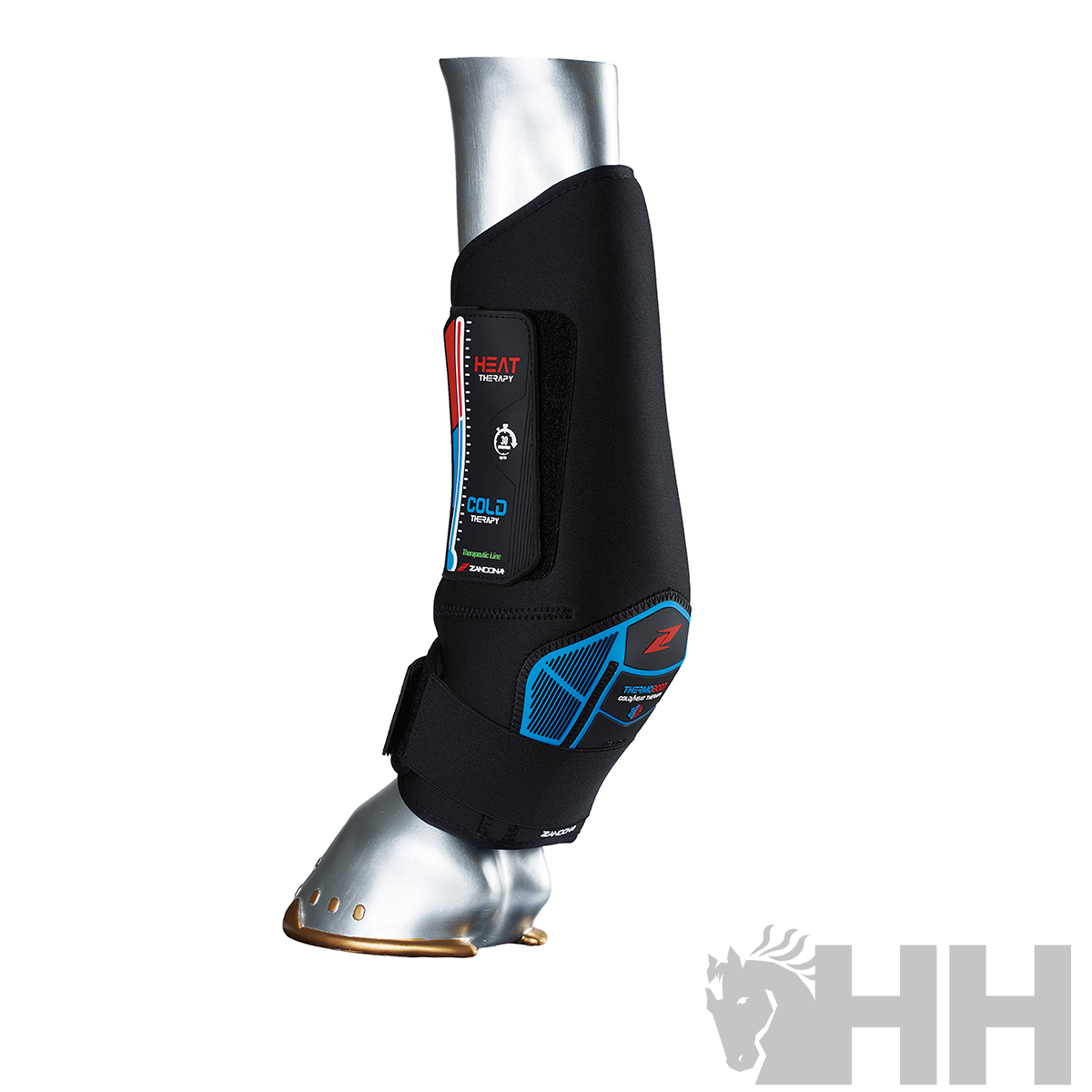 Protector para casco e perna de cavalo preto com detalhes azuis e etiquetas coloridas