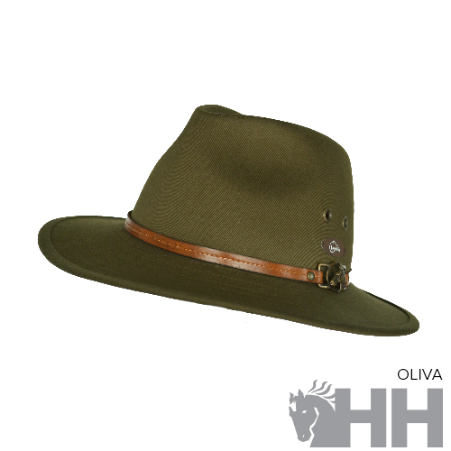 chapéu tipo fedora oliva com faixa de couro castanho e logótipo HH