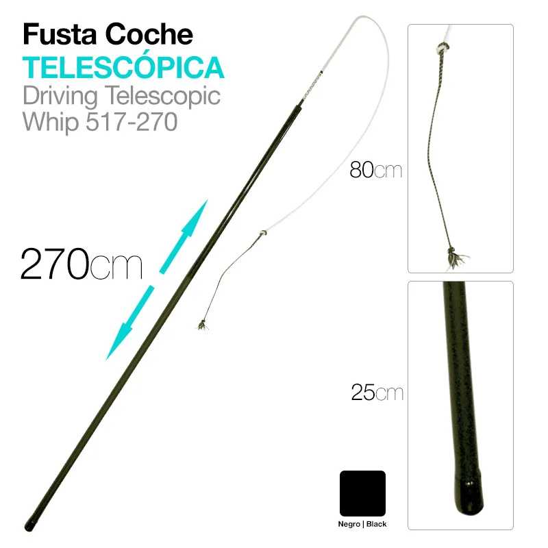 Fusta telescópica para coche preta com medidas destacadas em branco