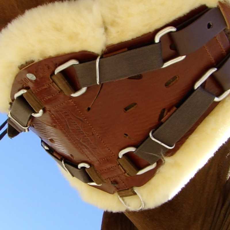 Selim de cavalo em couro marrom com pelúcia branca e tiras ajustáveis em cavalo castanho