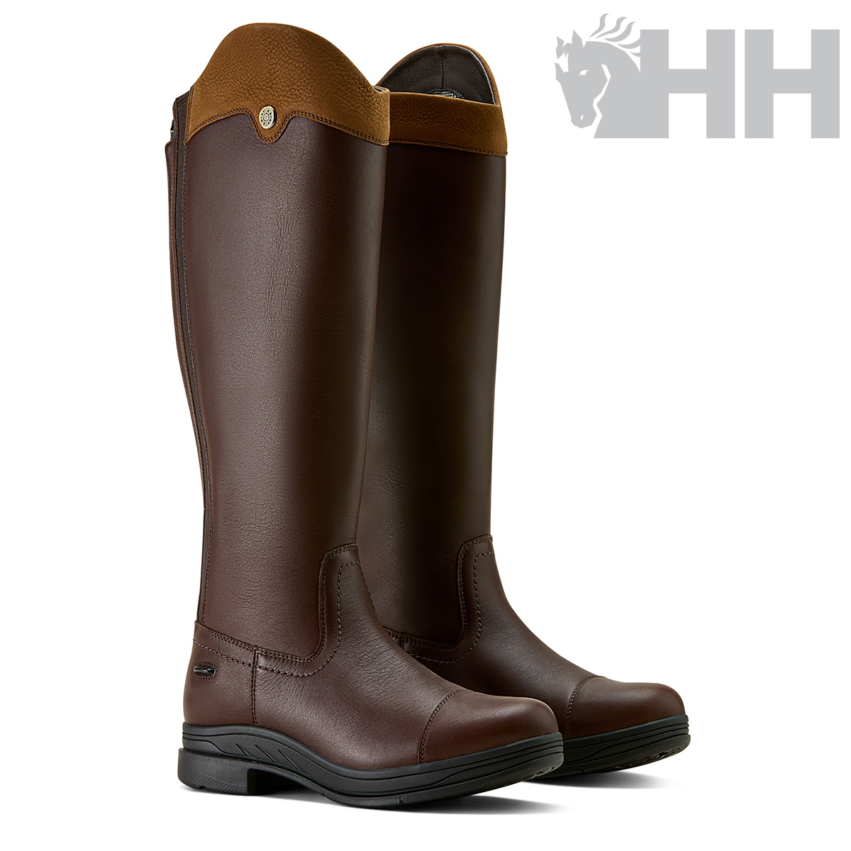 Botas altas castanhas em couro com acabamento castanho claro e sola preta