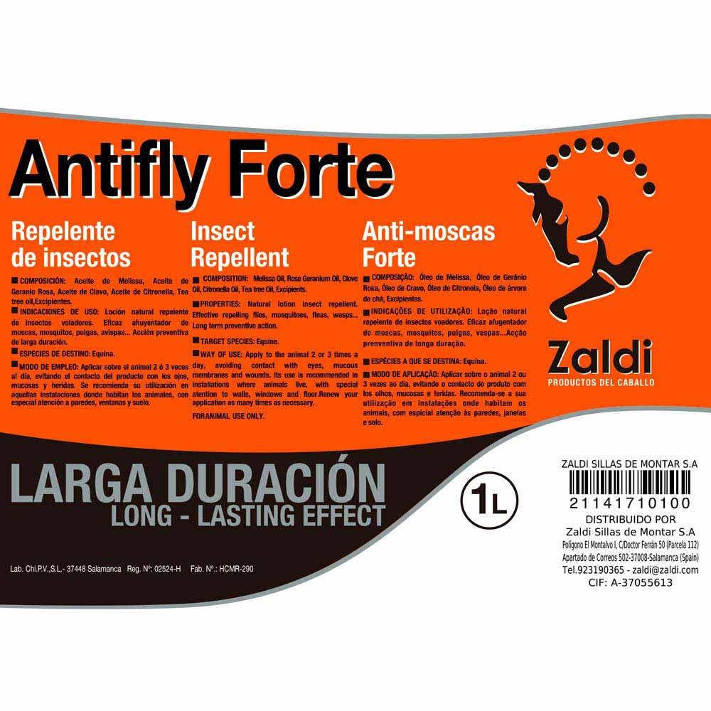 Rótulo de repelente de insectos Antifly Forte para cavalos com instruções multilíngues em embalagem laranja e detalhes a preto e branco.