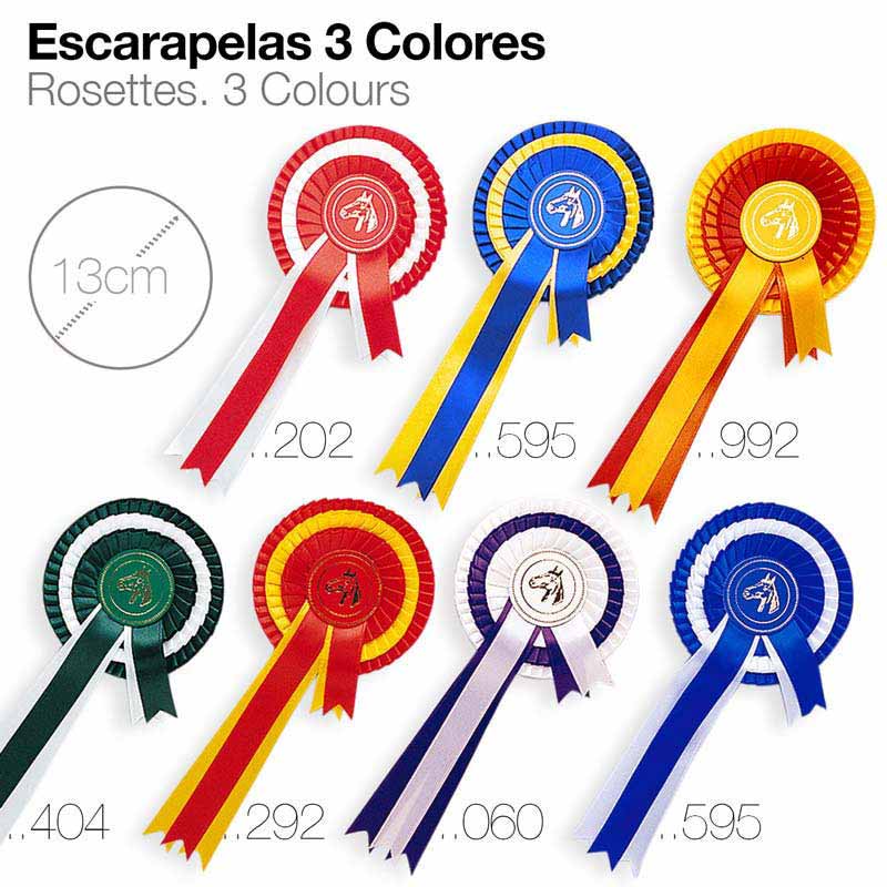 Escarapelas coloridas de tecido para prémios com fitas e símbolo de cavalo central
