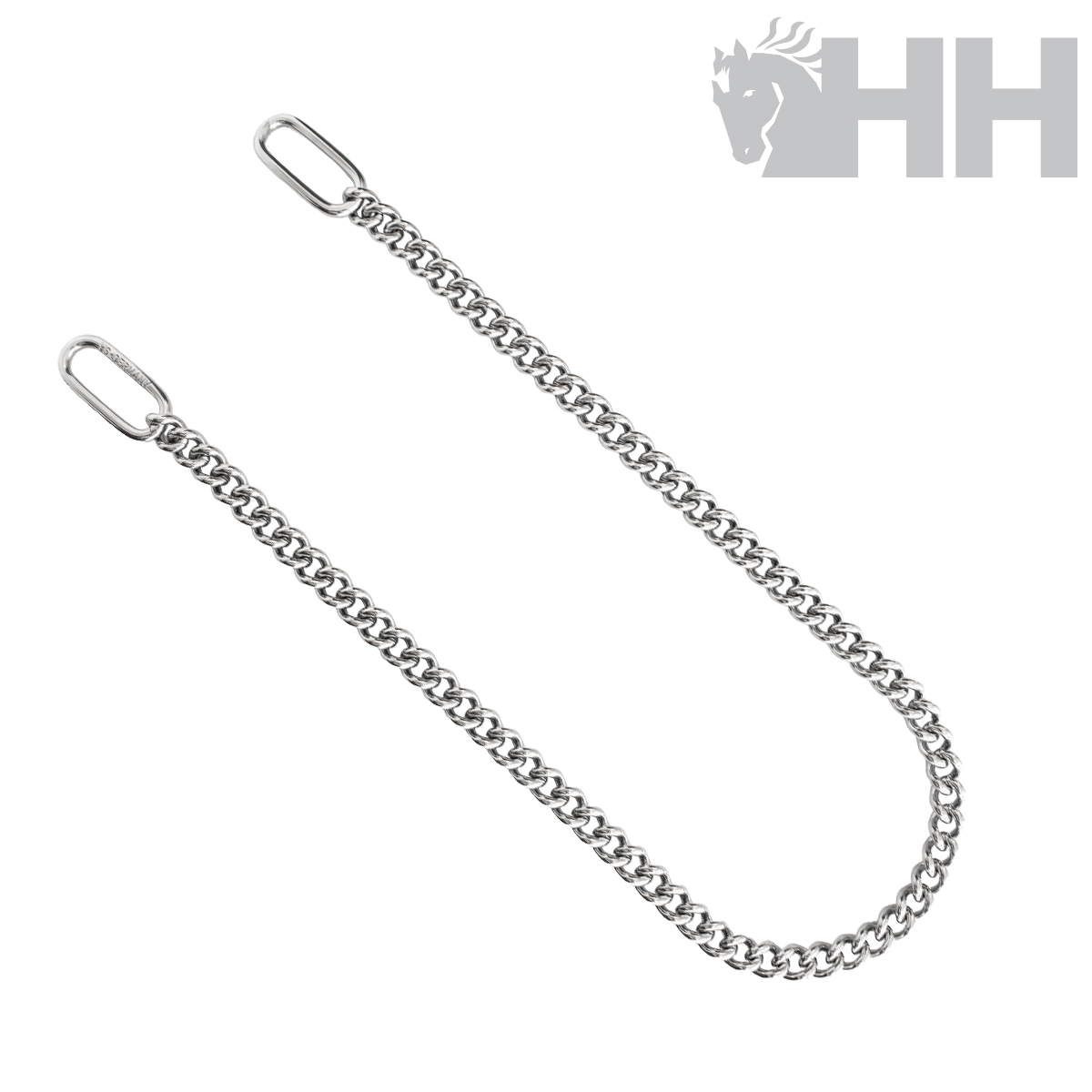 Corrente metálica prateada com argolas e logótipo HH com cavalo